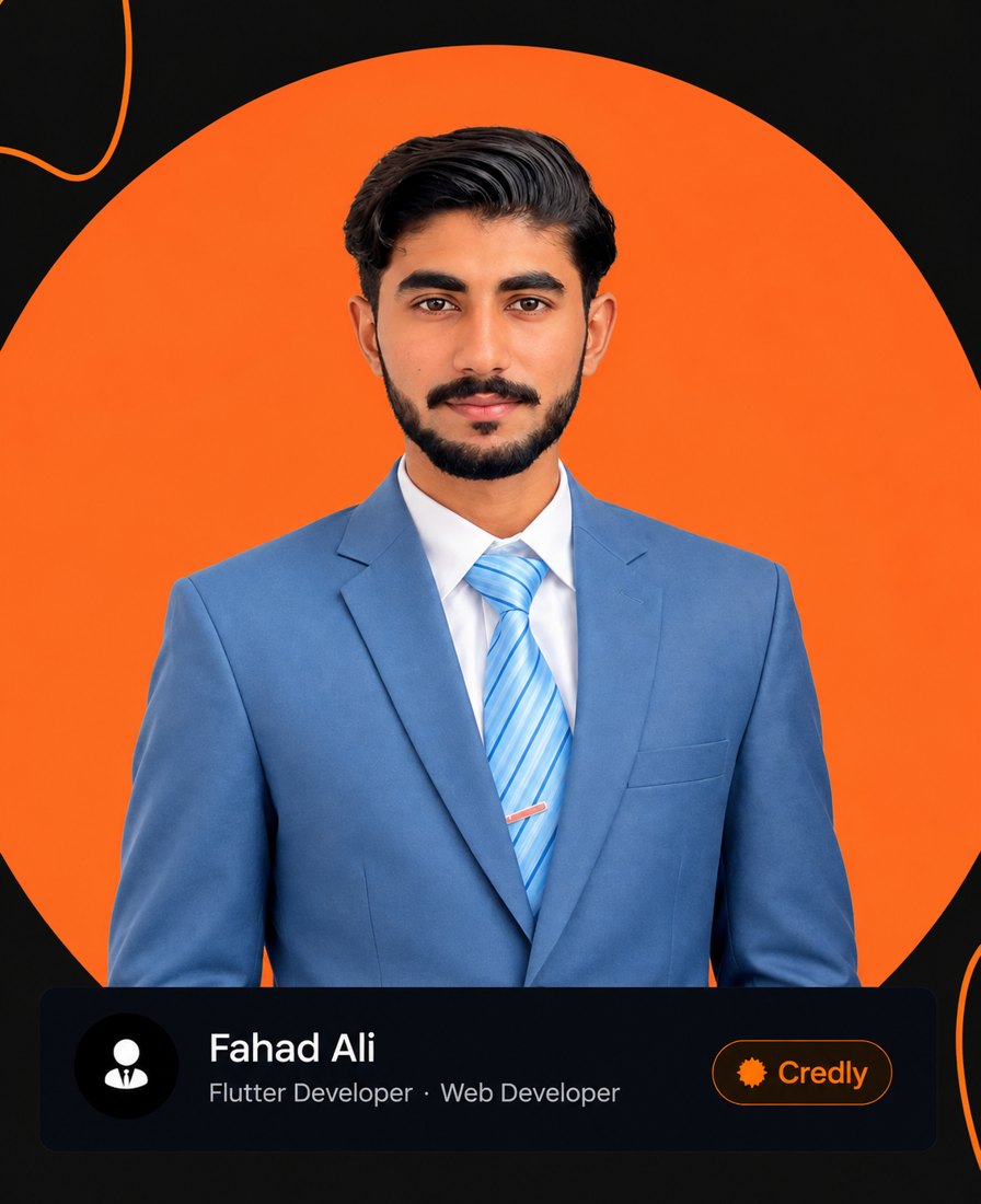 Fahad Ali, app and web developer at VortexDigitalAI, in a light blue suit against an orange circular background